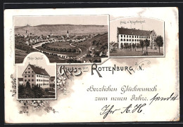 Vorläufer-Lithographie Rottenburg A. N., 1895, Töchter-Institut, Palais U. Kriegerdenkmal, Gesamtansicht, Neujahrsgr  - Rottenburg