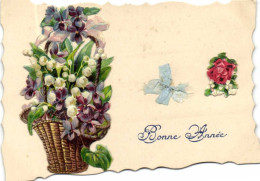 Carte Ajoutis Panier De Muguet Et Violettes Ruban Bleu  Roses  Bonne Année RV - Sonstige & Ohne Zuordnung