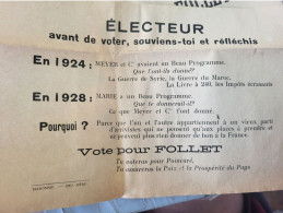 PAVILLY ELECTION LEGISLATIVE 1928 /HENRI FOLLET  HUISSIER CONSEILLER GENERAL / BULLETIN TRACT ET  LETTRE AUX ELECTEURS - Documents Historiques