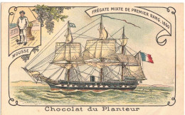 CHROMO PUBLICITAIRE CHOCOLAT DU PLANTEUR OURMET CARCASSONNE EPICIER BATEAU FREGATE MIXTE MOUSSE MARIN TRANSPORTS MARINE - Autres & Non Classés