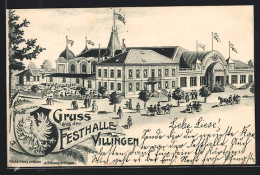 Lithographie Villingen / Baden, Festhalle, Garten, Wappen  - Baden-Baden