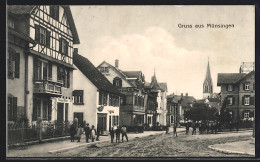 AK Münsingen, Strassenpartie Mit Geschäften Und Kirche  - Muensingen