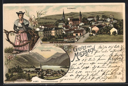 Lithographie Miesbach, Panorama, Ortsansicht Mit Schliersee, Frau In Trachtenkleid  - Schliersee