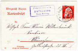 Bayern 1911, Posthilfstelle AUFHAUSEN Taxe Erding Auf 10 Pf. Kartenbrief  - Brieven En Documenten