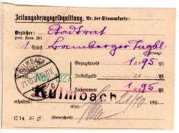 DR 1927, Postformular Zeitungsbezugsgeldquittung M. 2 Stempeln V. KULMBACH - Brieven En Documenten