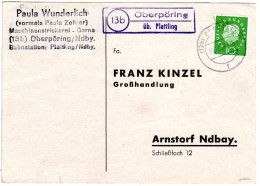 BRD 1959, Landpost Stpl. 13b OBERPÖRING üb. Plattling Auf Karte M. 10 Pf. - Sammlungen