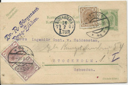 Österreich 1907, Paar 1+3 H. Zus.fr. Auf 5 H. Ganzsache V. Zizkov N. Schweden. - Lettres & Documents