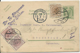 Österreich 1907, Paar 1+3 H. Zus.fr. Auf 5 H. Ganzsache V. Zizkov N. Schweden. - Storia Postale