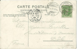 SUISSE  CARTE 2x5c  MARQUE LINEAIRE VALLORBE + AMBULANT N° 6 POUR  DOLE ( DOUBS )  DE 1909 LETTRE COVER - Storia Postale