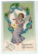 ANGE ANGELOT #16446 ANGE ASSIS SUR UNE BRANCHE DE MYOSOTIS JOUANT DE LA FLUTE CARTE GAUFREE SOUVENIR - Engel