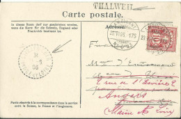 SUISSE  CARTE 10c  MARQUE LINEAIRE THALWEIT + AMBULANT N° 23 POUR  AVRAY S/CHER REDIRIGEE A ANGERS  DE 1906 LETTRE COVER - Storia Postale