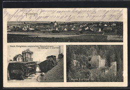 AK Eutingen / Württ., Durch Wirbelsturm Umgeworfene Eisenbahnwagen 1913, Ruine Eutinger Tal  - Inondations