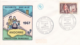 ANDORRE - ENVELOPPE PREMIER JOUR PROTECTION SOCIALE SECURITE SOCIALE OBLITEREE DU 23 SEPTEMBRE 1967 - FDC