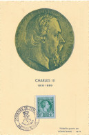 MONACO - TIMBRE SUR CARTE CHARLES III 1818-1889 MEDAILLE GRAVEE PAR PONSCARME 1875 JOURNEE DU TIMBRE 6 MARS 1948 - Cartas & Documentos