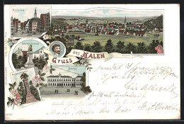 Lithographie Aalen, Bahnhof, Schubart-Denkmal, Marktplatz  - Aalen