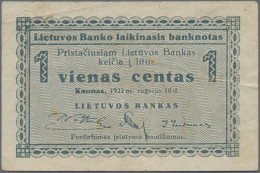 Lithuania: Very Nice Set With 5 Banknotes, Series 1922, Comprising 1 Centas (P.1 - Litauen