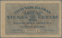 Lithuania: Lietuvos Bankas, Set With 4 Banknotes, Series 1922, With 1 Centas (P. - Litauen