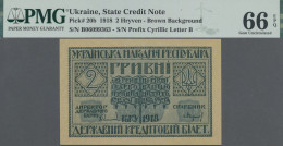 Ukraina: State Credit Note, 2 Hryvni 1918 With Prefix Б, P.20b, PMG Graded 66 Ge - Ucrania