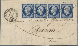 France: 1853, Empire Nd 20c. Deep Blue, Horizontal Strip Of Four, Fresh Intense - Lettres & Documents