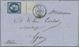 France: 1853 Napoleon 20c. Blue, Type I, With Sheet Margin At Top Showing Blue F - Covers & Documents