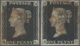 Great Britain: 1840 Two Singles 1d. Black Lettered Q-L Resp. R-D, Each With Red - Gebruikt