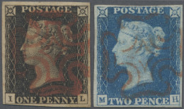 Great Britain: 1840, QV 1 D Black, Complete Margins, And 2 D Blue, Watermark Sma - Usados