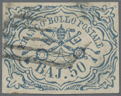 Italian States - Papal State: 1852, 50 Baj. Blue, Complete Margins, Cancelled By - Etats Pontificaux