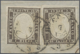 Italian States - Sardinia: 1855, 10 C Brown, Two Singles, Tied By Illegible Cds - Sardinia