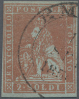 Italian States - Tuskany: 1851, 2 Soldi Red On Bluish Grey Paper, Cds "EM(POLI?) - Toscana