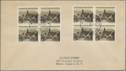 Liechtenstein: 1949, 5 Rp. Farbänderung In 2 Zentr. Gest. 4er-Blocks Auf Brief D - Lettres & Documents