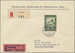 Liechtenstein: 1952,25.IX., 5 Fr. Schloß Vaduz Auf Echt Gelaufenem R-Eil-Brief D - Storia Postale