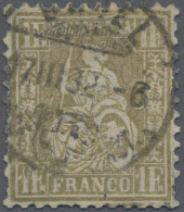 Schweiz: 1881 Sitzende Helvetia 1 Fr. Golden Auf Faserpapier, Gestempelt "BASEL - Gebraucht