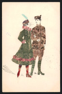 Künstler-AK Junges Paar Mit Aufgeklebten Kleidern Aus Briefmarken, Briefmarkencollage  - Timbres (représentations)