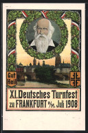 Künstler-AK Frankfurt / Main, XI. Deutsches Turnfest 1908, Stadtansicht, Portrait Turnvater Jahn  - Sonstige & Ohne Zuordnung