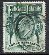 Falkland Islands EVII 1904-12 3/- Deep Green Definitive, Used, SG 49b - Falkland