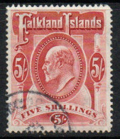 Falkland Islands EVII 1904-12 5/- Red Definitive, Used, SG 50 - Falklandinseln