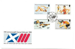 Isle Of Man  1986 Commonwealth Games, Edinburgh, Swimming, Walking, Shooting, Cycling   Mi 298-301, FDC - Isla De Man