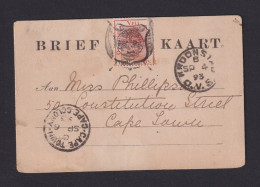 1893 - 1/2 P.  Prov. Ganzsache Ab Kronstad Nach Cape Town - Orange Free State (1868-1909)