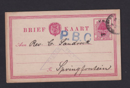 1/2 P.  Überdruck-Ganzsache  (P 21) Ab Bloemfontein Nach Springfontein - Zensur Und P.B.C.-Stempel - Oranje Vrijstaat (1868-1909)