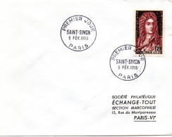 ECRIVAIN / SAINT - SIMON = 75 PARIS 1955 = CACHET PREMIER JOUR N° 1008 Sur ENVELOPPE ENTIERE - Schrijvers