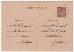 Carte Entier Postal Type Iris  Saint Louis Sénégal Pour Bordeaux, 1942 - Standard Postcards & Stamped On Demand (before 1995)