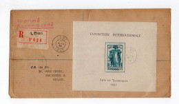 !!! LETTRE RECO DE LOME TARIF IMPRIME, AFFRANCHIE BLOC FEUILLET EXPOSITION 1937 - Briefe U. Dokumente