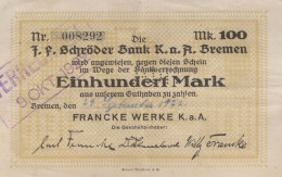 100 MARK 1923 Stadt BREMEN Bremen DEUTSCHLAND Notgeld Papiergeld Banknote #PK952 - Lokale Ausgaben