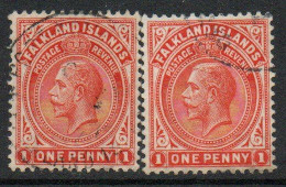 Falkland Islands GV 1918-20 1d Vermilion Definitive, 2 X Shades, Perf 14, Wmk. Multiple Script CA, Used, SG 74 - Falkland Islands