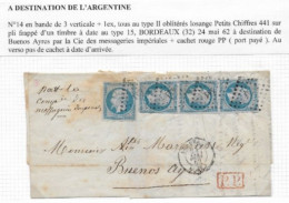 Destination ARGENTINE Lettre De BORDEAUX 1862 Timbre Empire N° 14x4 P / BUENOS AYRES " Par Les Messageries Impériales" - 1853-1860 Napoleon III