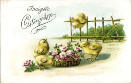 CPA Glückwunsch Ostern, Küken, Rosen In Einem Weidenkorb - Easter