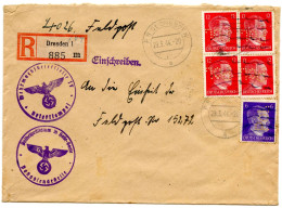 ALLEMAGNE - REICH 6 + 12 PFG X 4  PERFORES P O L  SUR LETTRE RECOMMANDEE DE DRESDE, 1944 - Cartas & Documentos