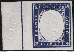 1862 SARDEGNA, N° 15E 20 Cent. Indaco MNH/** EFFIGIE SUL BORDO DI FOGLIO - Sardaigne