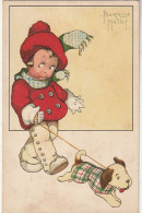 WA 3- CARTE FANTAISIE - ILLUSTRATEUR B .  MALLET - FILLETTE  PROMENANT SON CHIEN - MAGASINS DE LA SAMARITAINE , PARIS - Mallet, B.