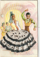 WA 5- CARTE  BRODEE AVEC AJOUT DE TISSU - COUPLE DE DANSEURS ( FLAMENCO ) - ILLUSTRATEUR A. IRAOLA - Ricamate